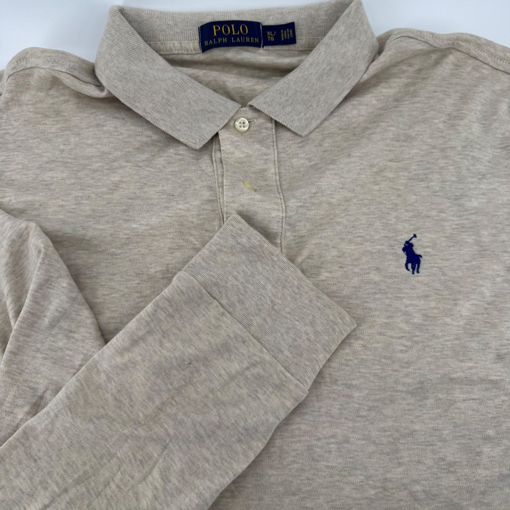 Polo Ralph Lauren Mens XL Long Sleeve Polo Shirt Beige Tan Cotton Heathered Logo